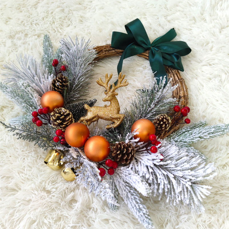 Christmas Ball Elk Cedar Pinecones Wreath with Red Berries Bell, Front Door Wall Hanging, Holiday Party Decoration, Bulk Wholesale