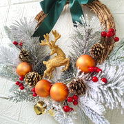 Christmas Ball Elk Cedar Pinecones Wreath with Red Berries Bell, Front Door Wall Hanging, Holiday Party Decoration, Bulk Wholesale