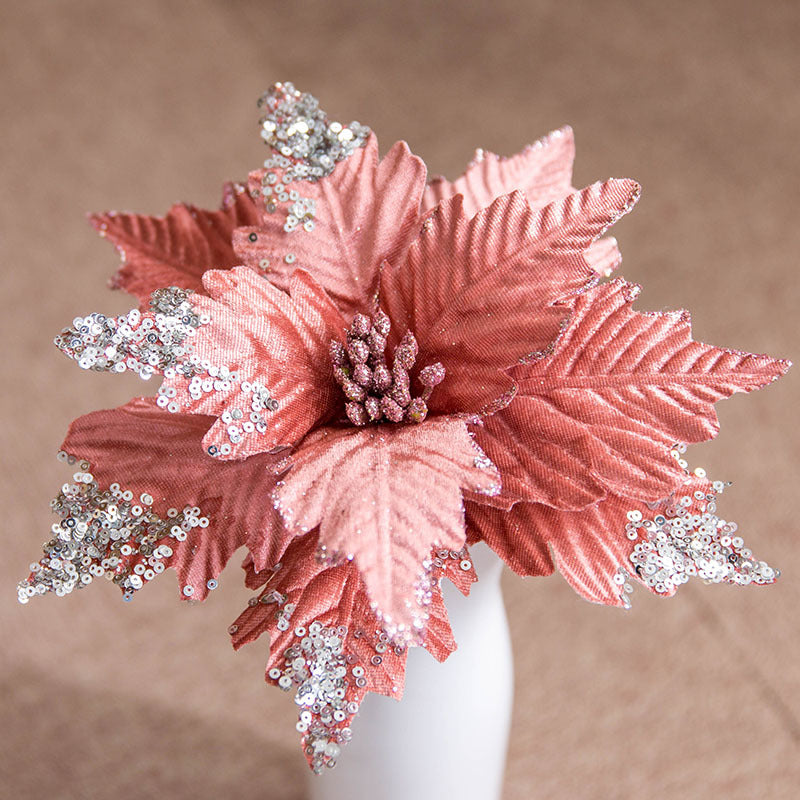 10 Pcs Large Artificial Christmas Poinsettia Flowers with Glitter for Tree Ornaments