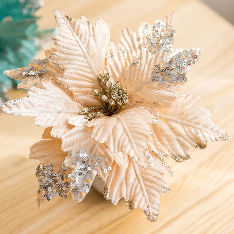 10 Pcs Large Artificial Christmas Poinsettia Flowers with Glitter for Tree Ornaments