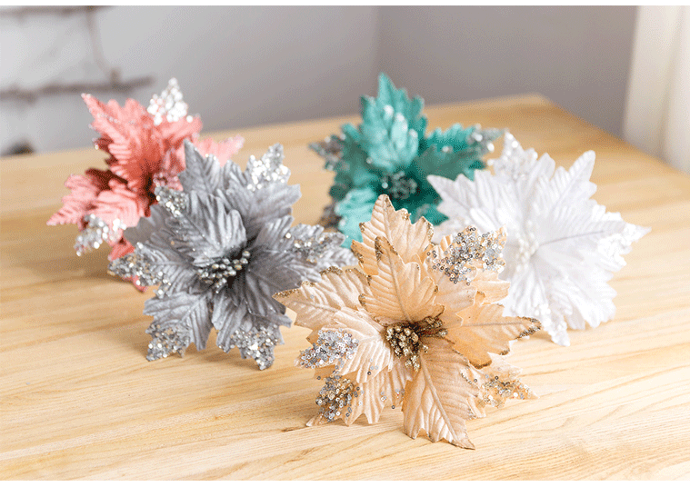 10 Pcs Large Artificial Christmas Poinsettia Flowers with Glitter for Tree Ornaments