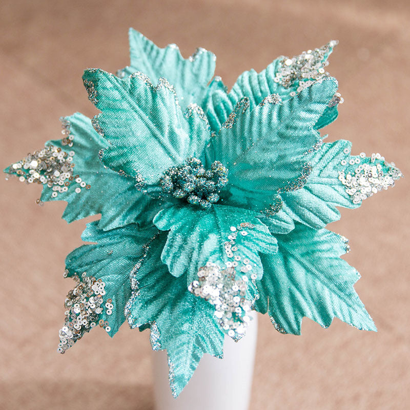 10 Pcs Large Artificial Christmas Poinsettia Flowers with Glitter for Tree Ornaments