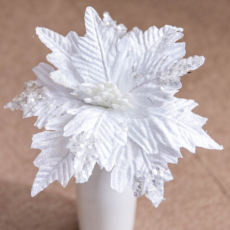 10 Pcs Large Artificial Christmas Poinsettia Flowers with Glitter for Tree Ornaments