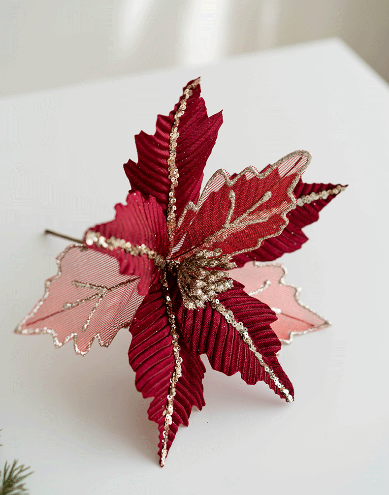 9.8 Inch Artificial Christmas Poinsettia Flowers with Glitter and Sequin Mesh – Bulk Quantity