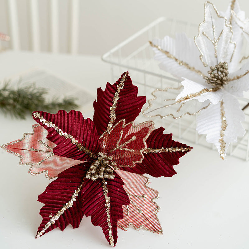 9.8 Inch Artificial Christmas Poinsettia Flowers with Glitter and Sequin Mesh – Bulk Quantity