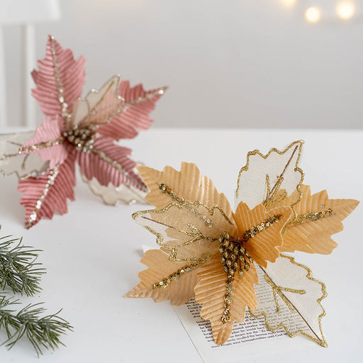 9.8 Inch Artificial Christmas Poinsettia Flowers with Glitter and Sequin Mesh – Bulk Quantity