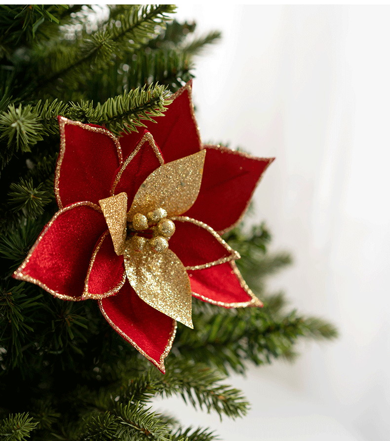 10 Pcs Artificial Glitter Gold Poinsettia Flower Picks for Christmas Tree Ornaments