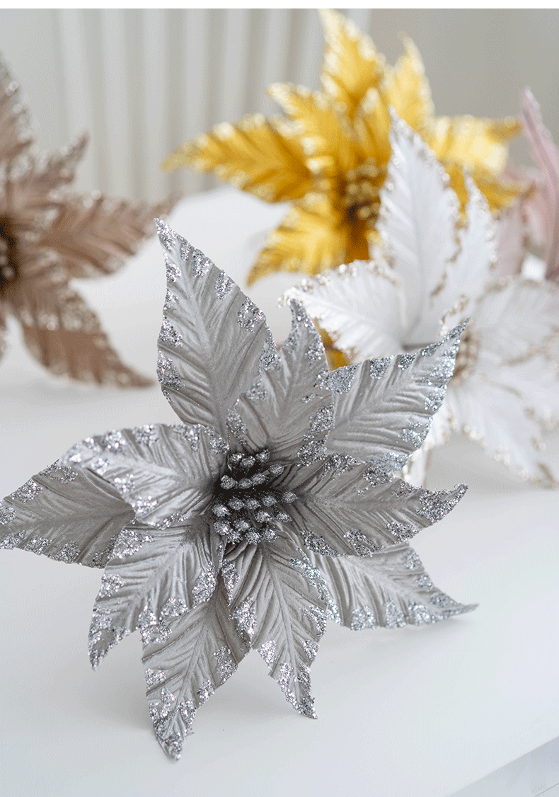 Bulk 12 Pcs 9.8 Inch Christmas Glitter Poinsettia Flower Picks Sequin Artificial Ornaments for Tree Wedding New Year