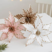 Bulk 12 Pcs 9.8 Inch Christmas Glitter Poinsettia Flower Picks Sequin Artificial Ornaments for Tree Wedding New Year