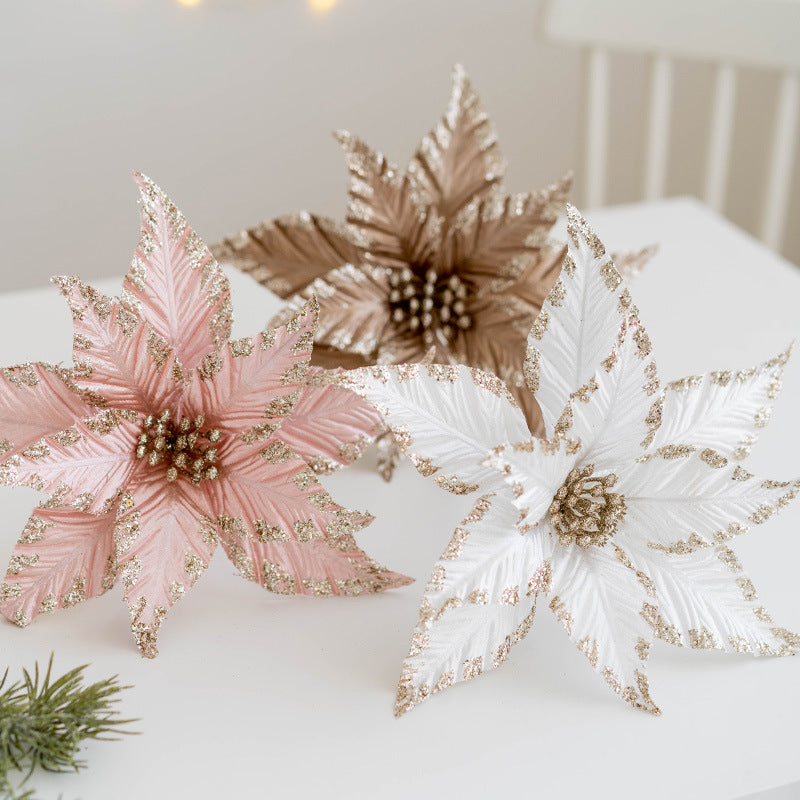 Bulk 12 Pcs 9.8 Inch Christmas Glitter Poinsettia Flower Picks Sequin Artificial Ornaments for Tree Wedding New Year