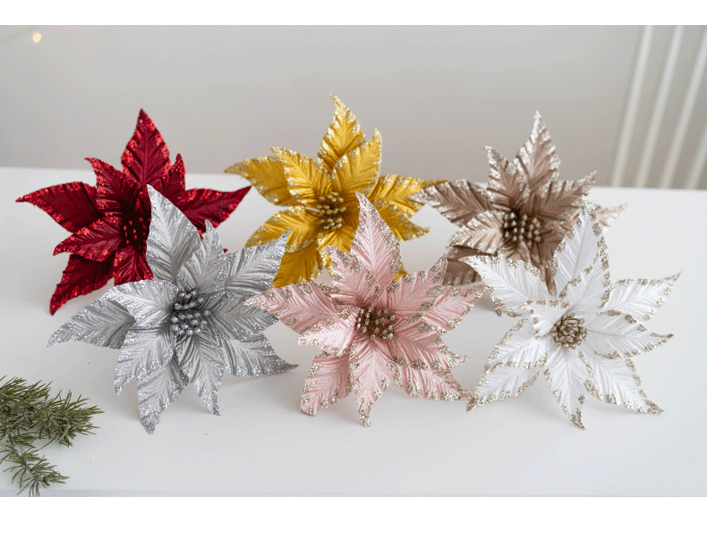 Bulk 12 Pcs 9.8 Inch Christmas Glitter Poinsettia Flower Picks Sequin Artificial Ornaments for Tree Wedding New Year