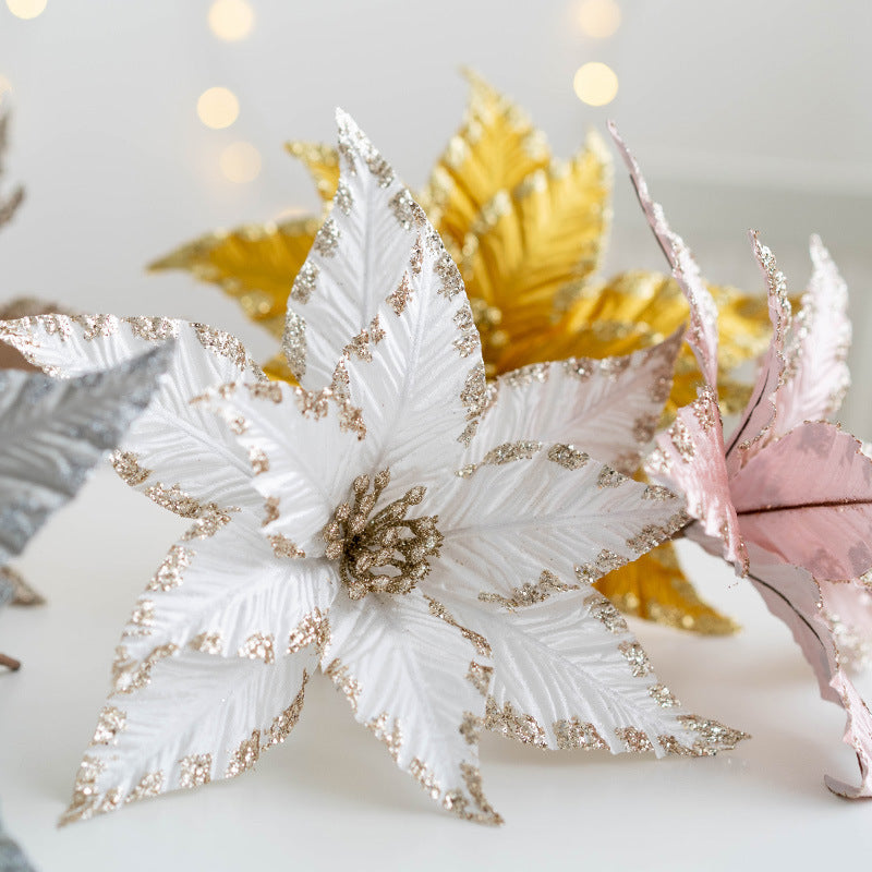 Bulk 12 Pcs 9.8 Inch Christmas Glitter Poinsettia Flower Picks Sequin Artificial Ornaments for Tree Wedding New Year