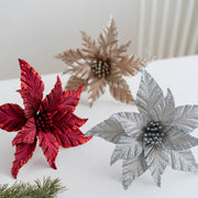 Bulk 12 Pcs 9.8 Inch Christmas Glitter Poinsettia Flower Picks Sequin Artificial Ornaments for Tree Wedding New Year