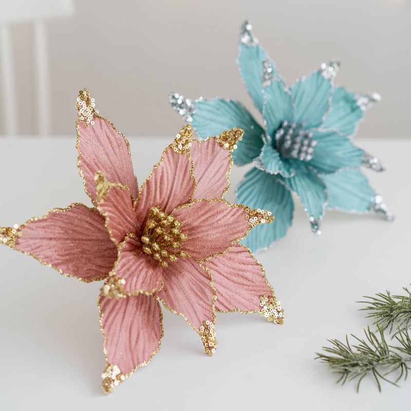 9.8 Inch Artificial Poinsettia Flower Picks with Glitter and Sequins, 10 Pcs Christmas Wedding Tree Ornaments