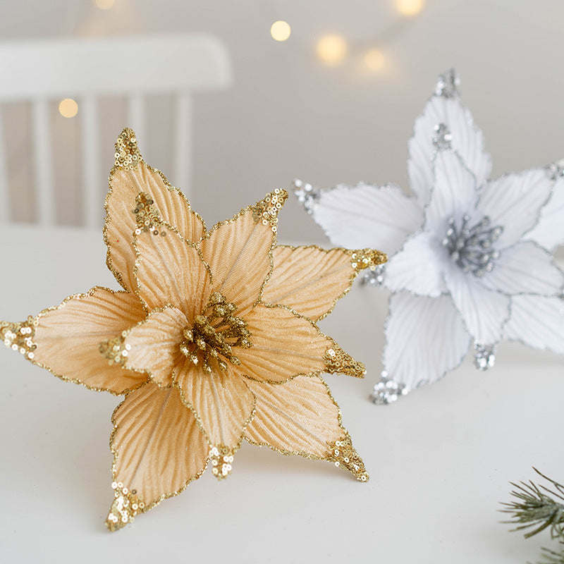 9.8 Inch Artificial Poinsettia Flower Picks with Glitter and Sequins, 10 Pcs Christmas Wedding Tree Ornaments