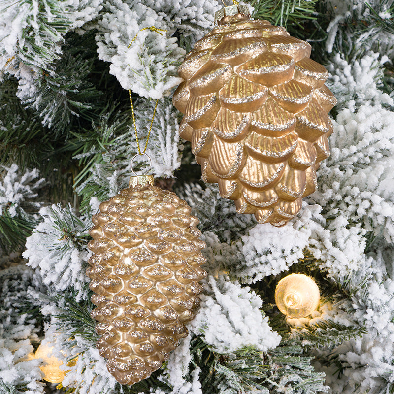 Glitter Golden Pine Cone Christmas Ornaments with Chain, Glass Pendants, Bulk Wholesale Set