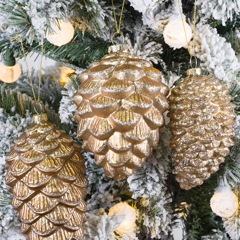 Glitter Golden Pine Cone Christmas Ornaments with Chain, Glass Pendants, Bulk Wholesale Set