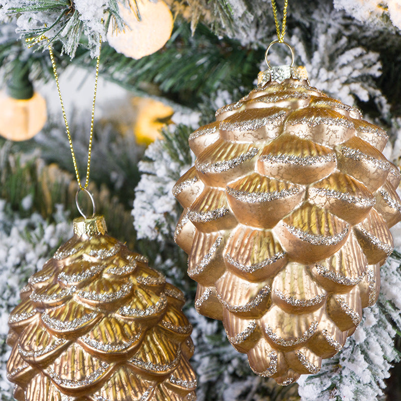 Glitter Golden Pine Cone Christmas Ornaments with Chain, Glass Pendants, Bulk Wholesale Set