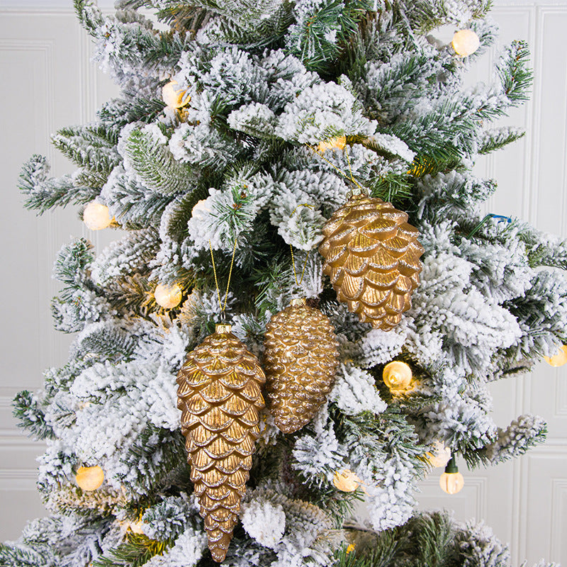 Glitter Golden Pine Cone Christmas Ornaments with Chain, Glass Pendants, Bulk Wholesale Set