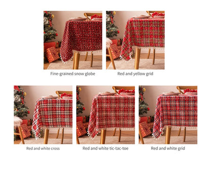 Bulk Christmas Plaid Snowflakes Tablecloths with Plush Ball for Christmas Party Decor Wholesale