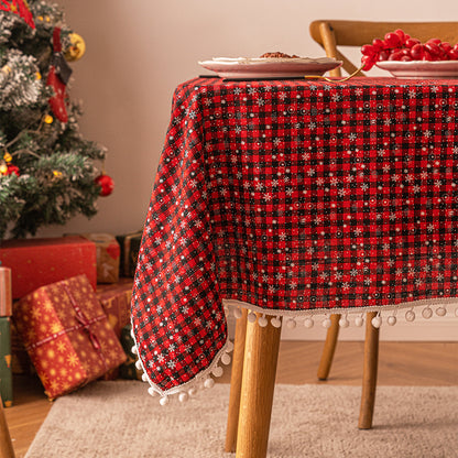 Bulk Christmas Plaid Snowflakes Tablecloths with Plush Ball for Christmas Party Decor Wholesale