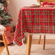 Bulk Christmas Plaid Snowflakes Tablecloths with Plush Ball for Christmas Party Decor Wholesale