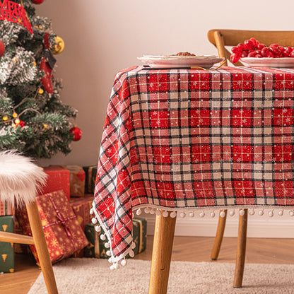 Bulk Christmas Plaid Snowflakes Tablecloths with Plush Ball for Christmas Party Decor Wholesale