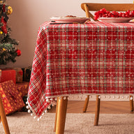 Bulk Christmas Plaid Snowflakes Tablecloths with Plush Ball for Christmas Party Decor Wholesale