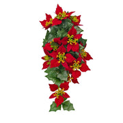 Artificial Poinsettia Teardrop Swag Hanging Ornament 24 Inch Red Silk Christmas Floral Bulk