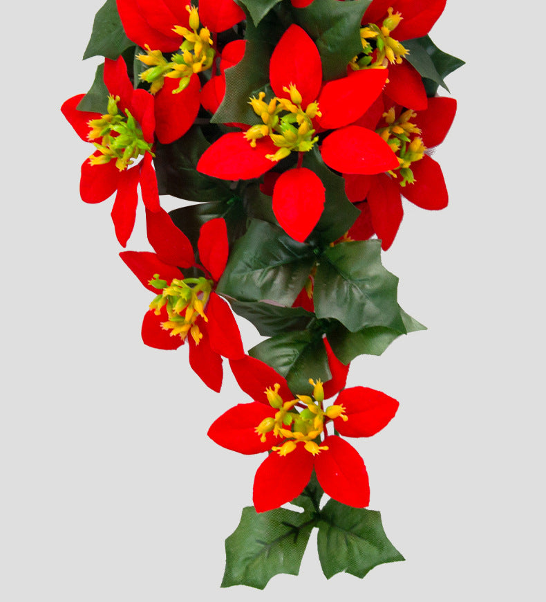 Artificial Poinsettia Teardrop Swag Hanging Ornament 24 Inch Red Silk Christmas Floral Bulk