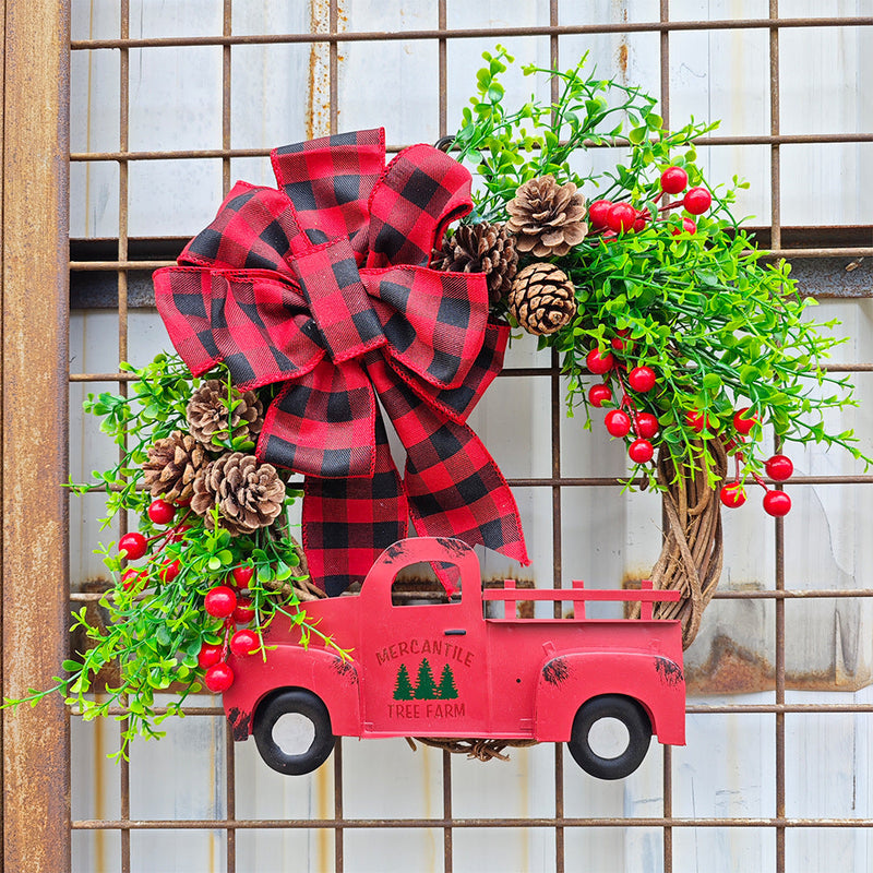 Christmas Truck Pinecone Wreaths with Eucalyptus Red Berry Artificial Ornaments for Front Door Wall Hanging, Bulk Wholesale