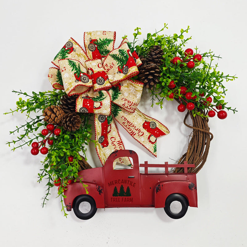 Christmas Truck Pinecone Wreaths with Eucalyptus Red Berry Artificial Ornaments for Front Door Wall Hanging, Bulk Wholesale