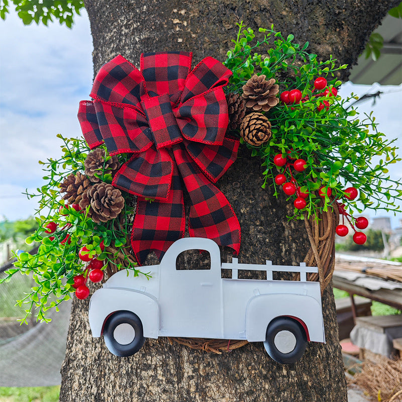 Christmas Truck Pinecone Wreaths with Eucalyptus Red Berry Artificial Ornaments for Front Door Wall Hanging, Bulk Wholesale