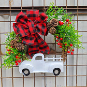 Christmas Truck Pinecone Wreaths with Eucalyptus Red Berry Artificial Ornaments for Front Door Wall Hanging, Bulk Wholesale