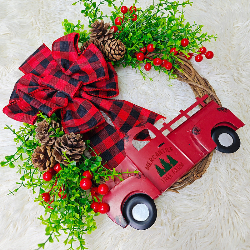 Christmas Truck Pinecone Wreaths with Eucalyptus Red Berry Artificial Ornaments for Front Door Wall Hanging, Bulk Wholesale