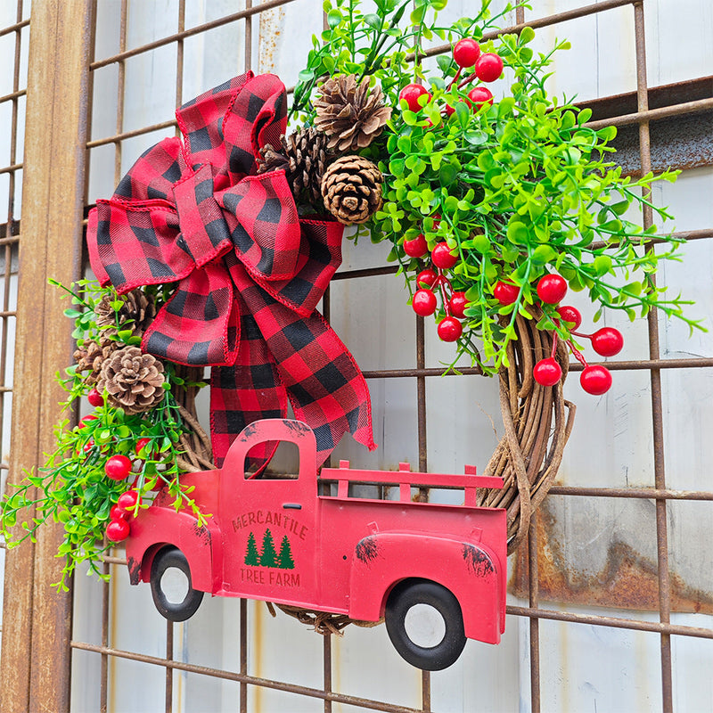 Christmas Truck Pinecone Wreaths with Eucalyptus Red Berry Artificial Ornaments for Front Door Wall Hanging, Bulk Wholesale