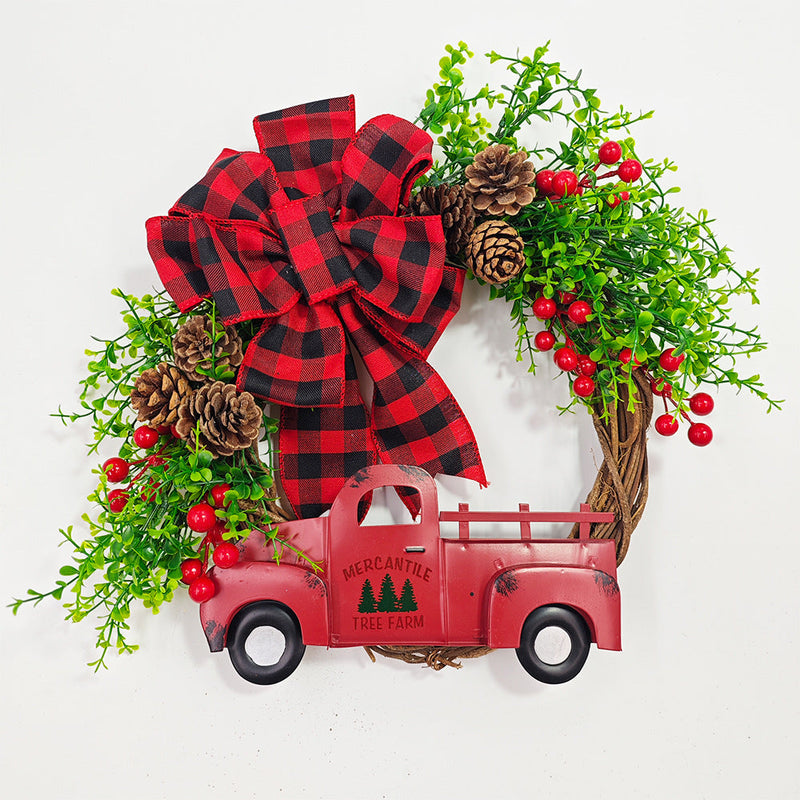 Christmas Truck Pinecone Wreaths with Eucalyptus Red Berry Artificial Ornaments for Front Door Wall Hanging, Bulk Wholesale