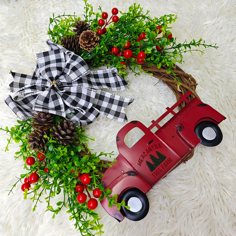 Christmas Truck Pinecone Wreaths with Eucalyptus Red Berry Artificial Ornaments for Front Door Wall Hanging, Bulk Wholesale