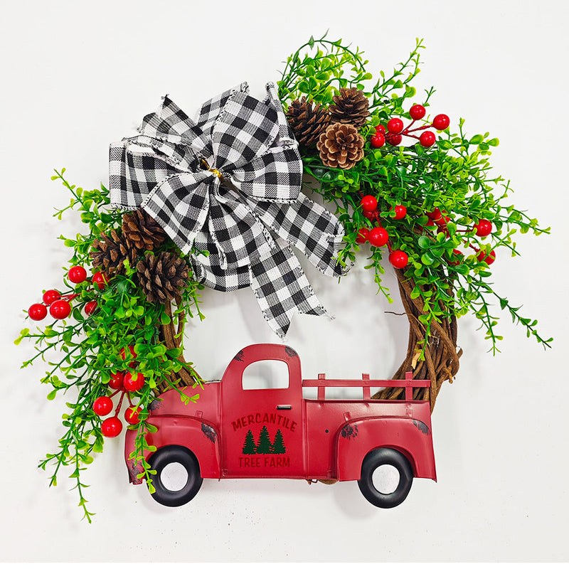 Christmas Truck Pinecone Wreaths with Eucalyptus Red Berry Artificial Ornaments for Front Door Wall Hanging, Bulk Wholesale