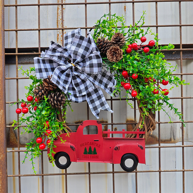 Christmas Truck Pinecone Wreaths with Eucalyptus Red Berry Artificial Ornaments for Front Door Wall Hanging, Bulk Wholesale
