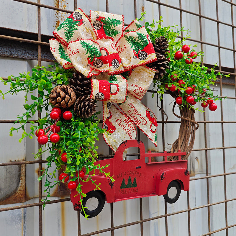 Christmas Truck Pinecone Wreaths with Eucalyptus Red Berry Artificial Ornaments for Front Door Wall Hanging, Bulk Wholesale