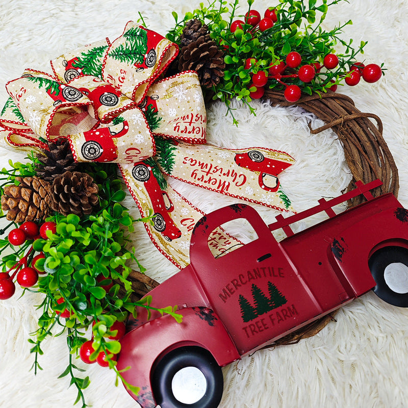 Christmas Truck Pinecone Wreaths with Eucalyptus Red Berry Artificial Ornaments for Front Door Wall Hanging, Bulk Wholesale