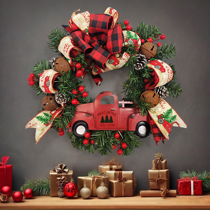 Christmas Truck Wreaths with Red Berries and Pinecones Artificial Holiday Door Wall Hanging Decoration Bulk Set