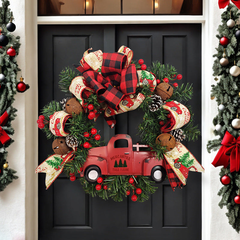 Christmas Truck Wreaths with Red Berries and Pinecones Artificial Holiday Door Wall Hanging Decoration Bulk Set