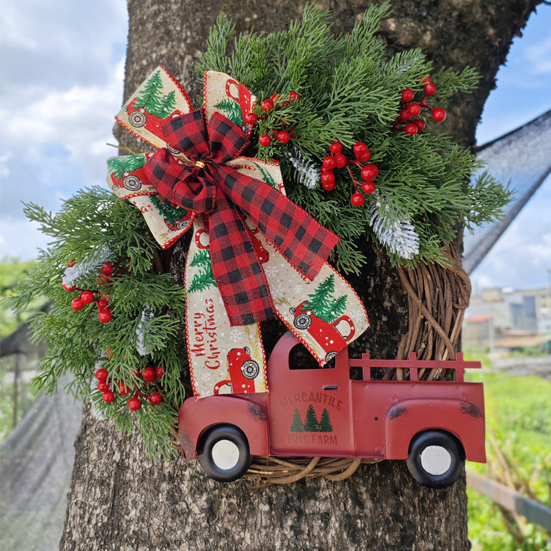 Christmas Truck Wreaths with Red Berries and Pinecones Artificial Holiday Door Wall Hanging Decoration Bulk Set