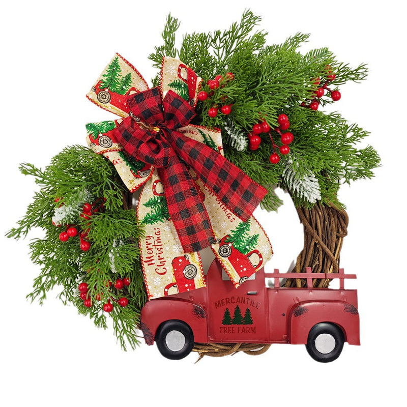 Christmas Truck Wreaths with Red Berries and Pinecones Artificial Holiday Door Wall Hanging Decoration Bulk Set