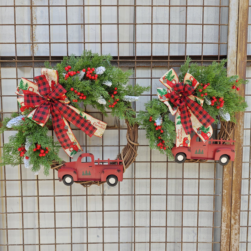 Christmas Truck Wreaths with Red Berries and Pinecones Artificial Holiday Door Wall Hanging Decoration Bulk Set