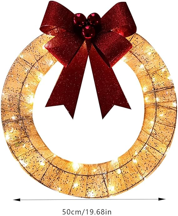 20 Inch Metal Christmas Wreath with LED Lights, Glitter Sequins Garland for Front Door, Party, Fireplace, Porch, Winter Home Decor