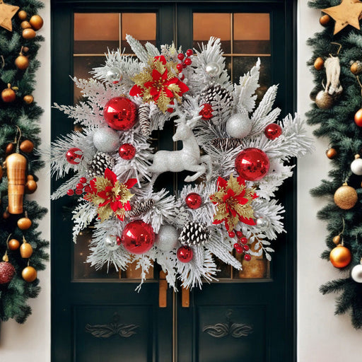 Artificial Christmas Wreaths with Elk, Cedar, Pinecones, Glitter Poinsettias – Holiday Front Door Wall Hanging Decoration, Bulk Wholesale