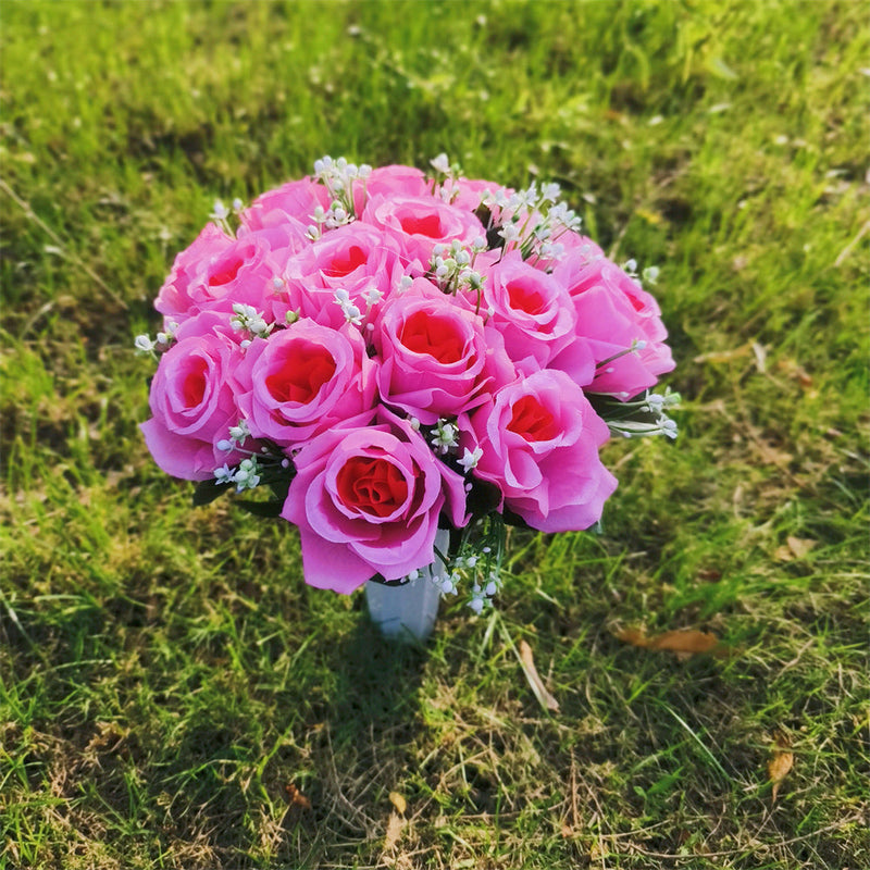 22 Colors Artificial Rose Bush Bouquets for Graves and Memorials, Bulk Wholesale Cemetery Flowers in Vase